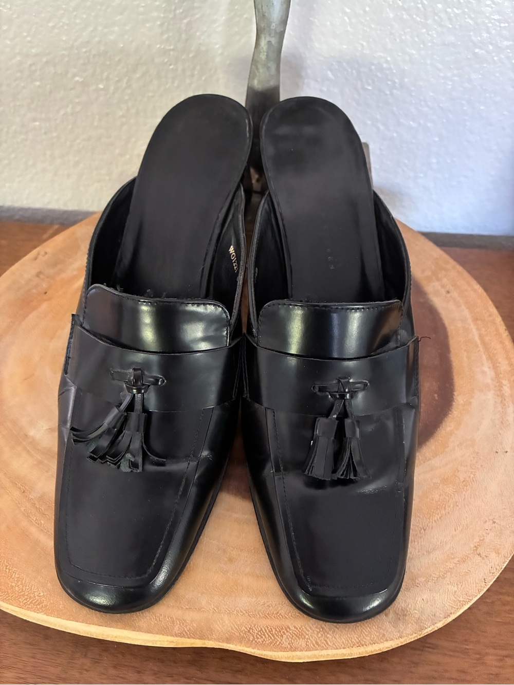 Lauren Ralph Lauren Black Leather Tassel Slip-On Block Heel Loafers